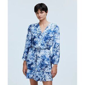 Madewell Tie-Waist Mini Shirtdress in Floral Crepe in Azura Rose